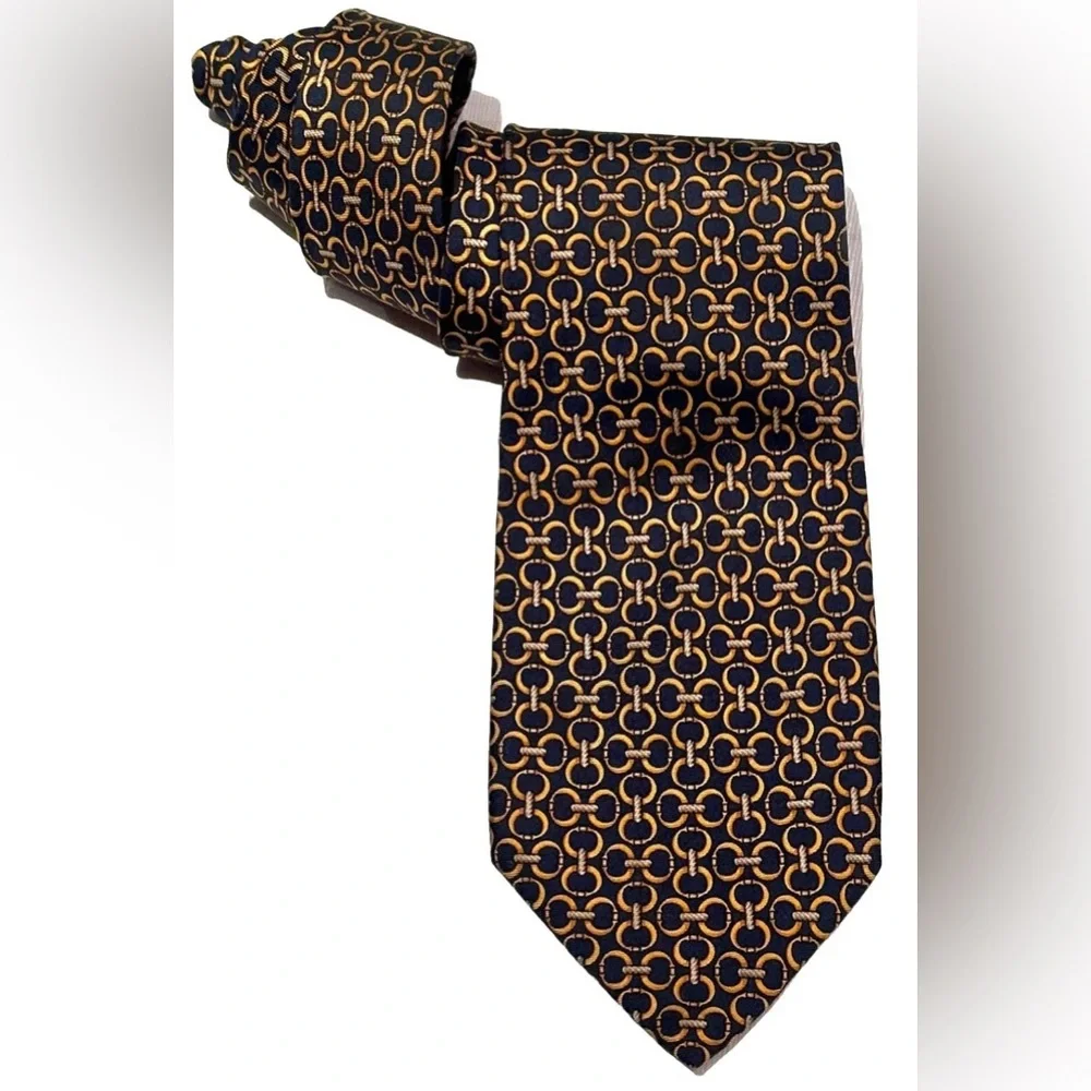 FENDI NECK TIE 100% SILK HAND MADE ITALY BLUE GOLD LINKS PREOWNED IMPERFECT